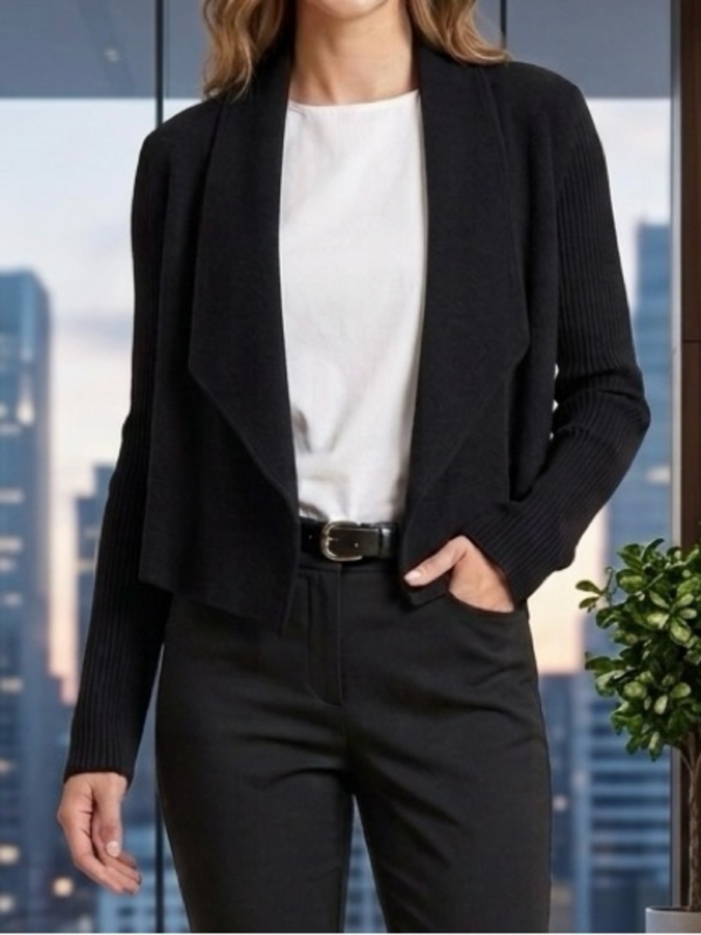 Jones New York Cropped Wool Blend Open Front Cardigan Black